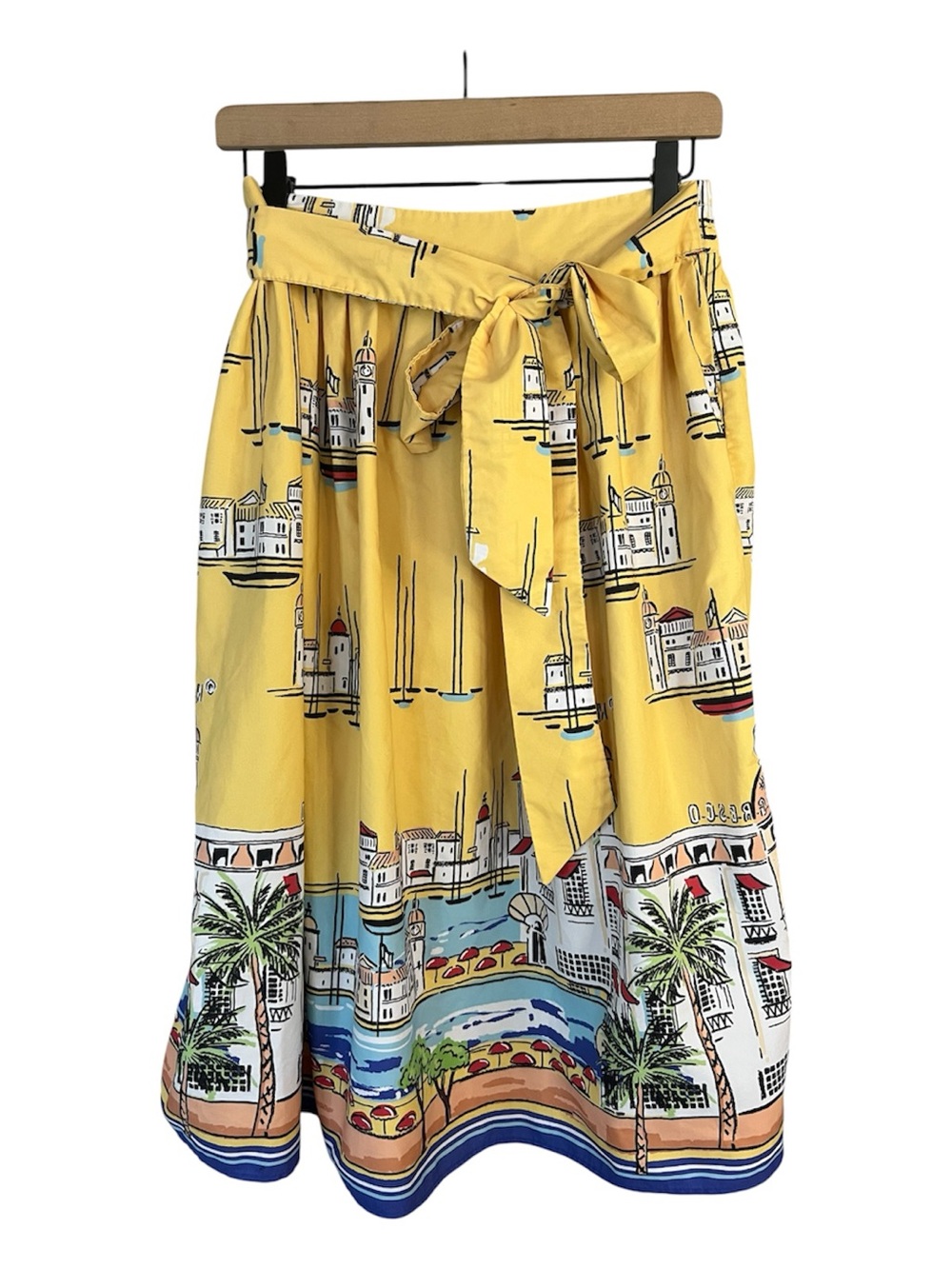 Yellow Coastal-Print Tie-Waist Midi Skirt